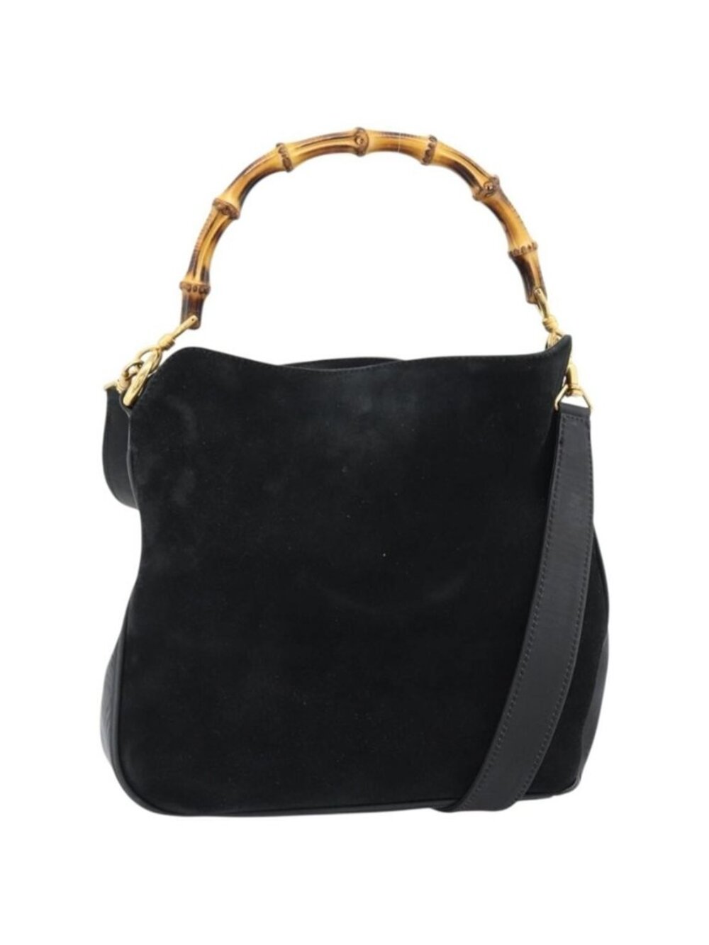 Authentic GUCCI Bamboo Shoulder Bag Suede 2way Black Gold 001 1014 1638 0